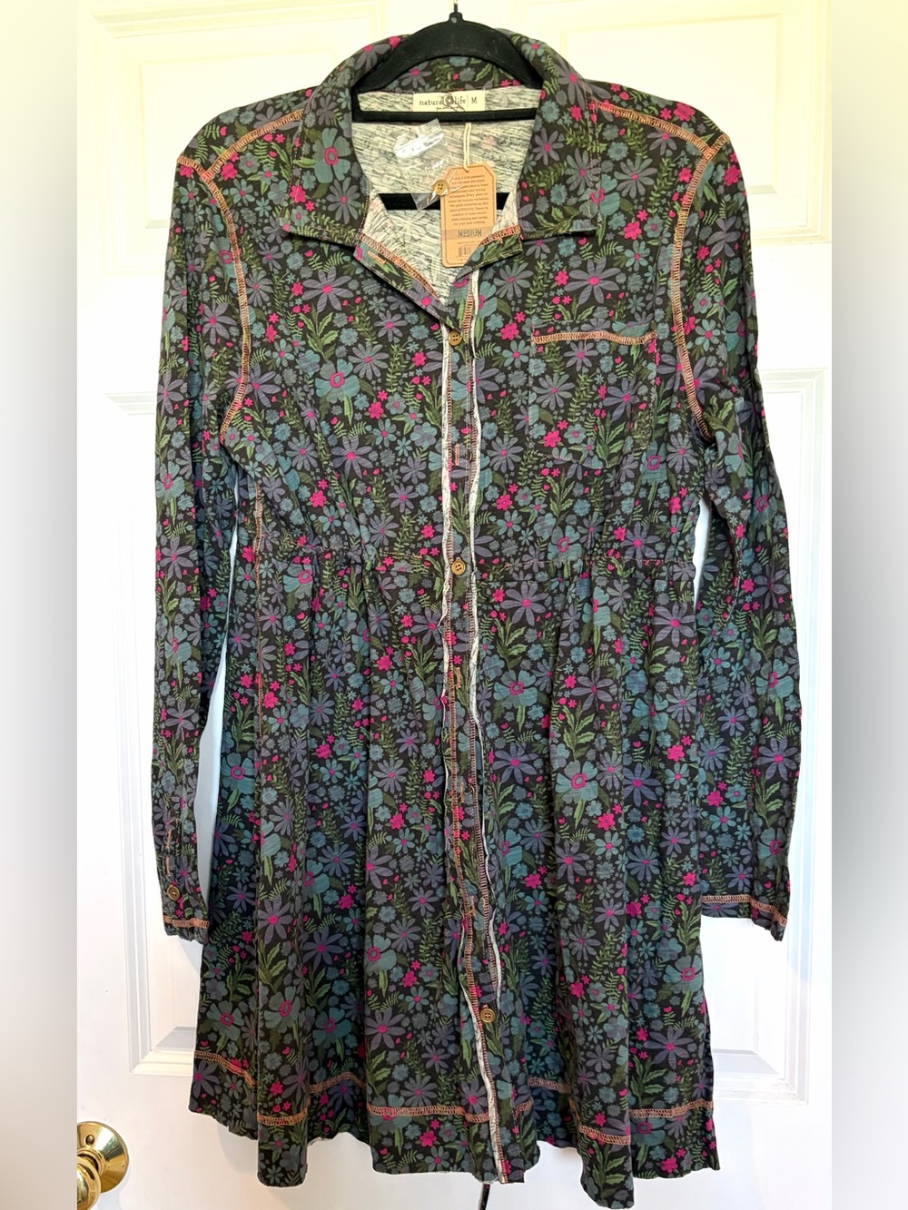 Natural Life Floral Button Front Long Sleeve Dress NWT Boho Blue/Green- Size M